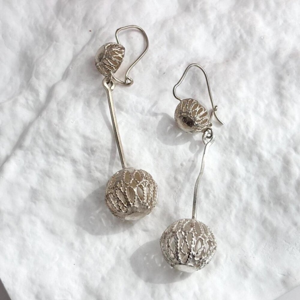 Filigree Long Bead Vintage Sterling Silver Ear Wire Dangling 925 Earrings